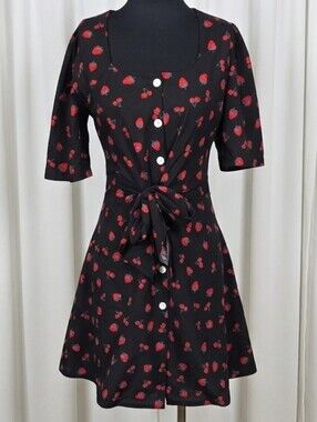 Quanta du Soleil Black Strawberry-Print Tie-Waist Mini Dress